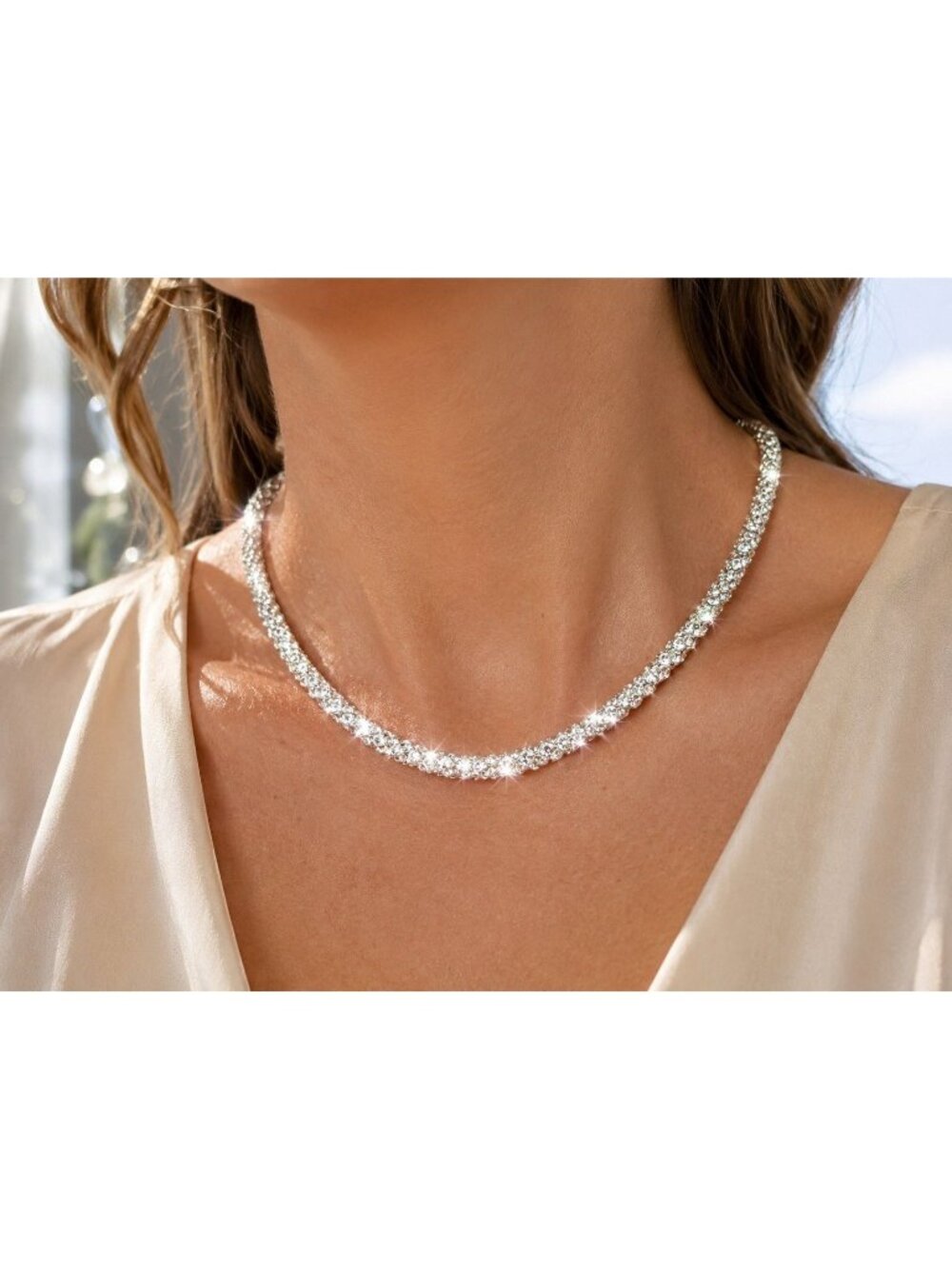 Swarovski Crystal Barrel Necklace Rhodium Plated Swan Tag 15-18" Sparkling